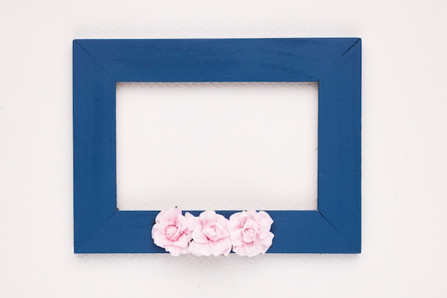 Roses roses sur un cadre de bordure bleue sur fond blanc