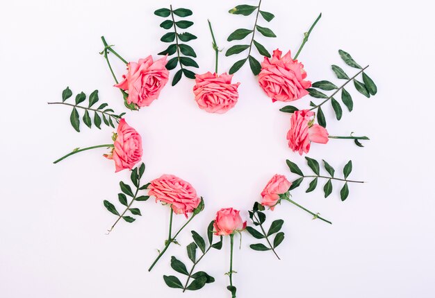 Roses roses décoratives disposées en forme de coeur sur fond blanc