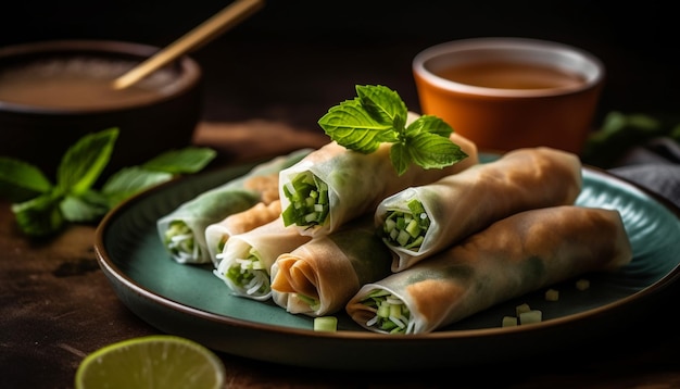 Photo gratuite rouleaux de printemps frais avec du porc et des légumes sur une assiette rustique générée par l'ia