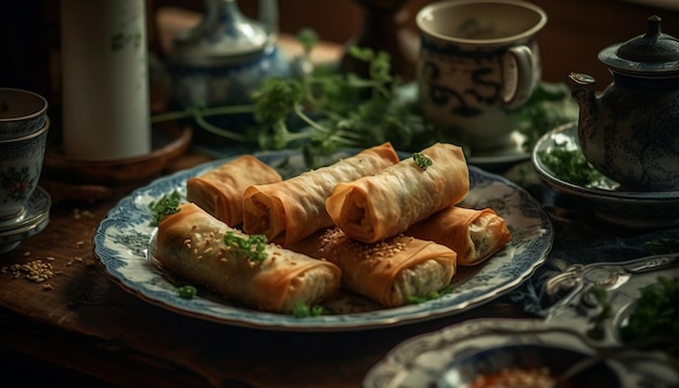 Rouleaux de printemps frais faits maison sur de la vaisselle rustique prêt à manger apéritif généré par l'IA