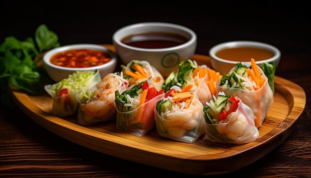 Photo gratuite rouleaux de printemps gastronomiques fraîchement cuits sur une assiette en bois rustique générée par l'ia