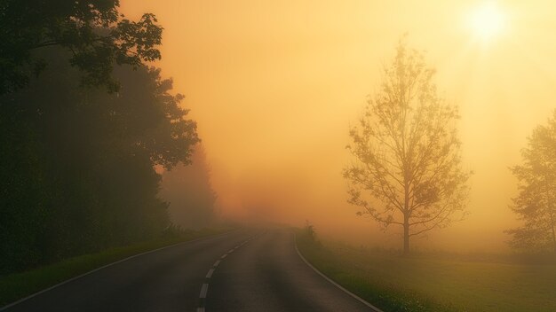 Route asphaltée noire entre les arbres verts pendant le coucher du soleil