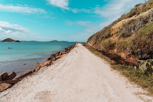 Route couverte de sable entouré par la mer et les rochers sous un ciel bleu à Rio de Janeiro