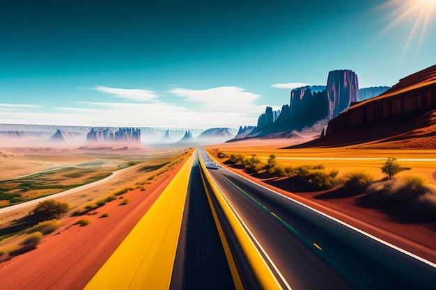 Photo gratuite une route dans le désert avec un ciel bleu et le mot route dessus