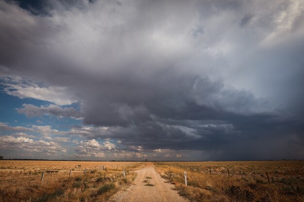 Route entourée d'un champ couvert de verdure sous un ciel nuageux sombre