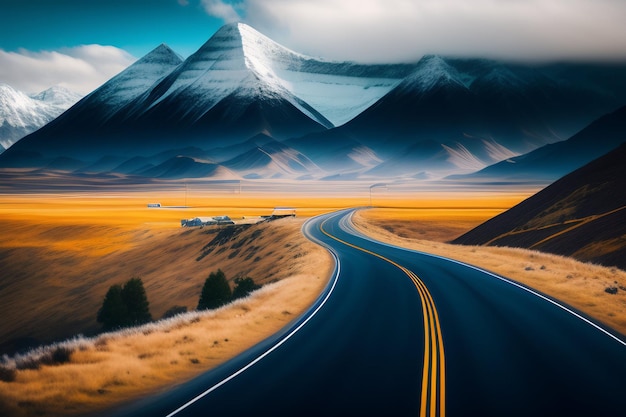 Une route menant à une chaîne de montagnes