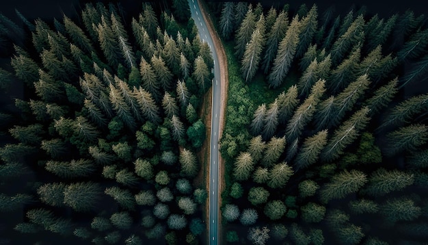 Route pour une voiture parmi la vue de dessus de la forêt