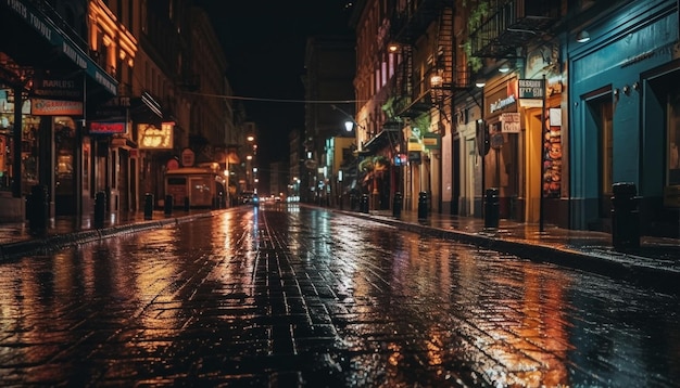 Photo gratuite la rue illuminée de la ville se reflète dans l'eau du canal humide générée par l'ia