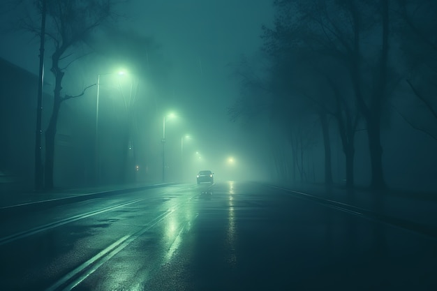 Rue mouillée dans une atmosphère sombre