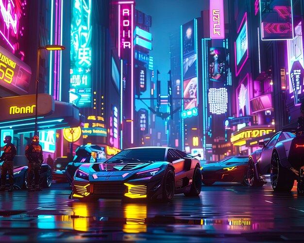 Une rue de la ville cyberpunk la nuit avec des néons et une esthétique futuriste