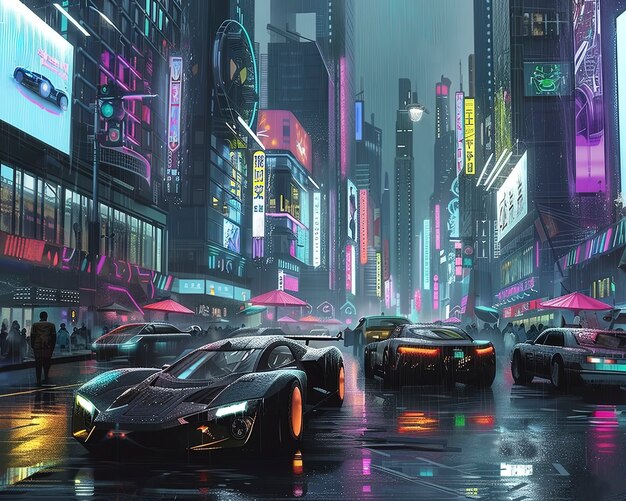 Une rue de la ville cyberpunk la nuit avec des néons et une esthétique futuriste