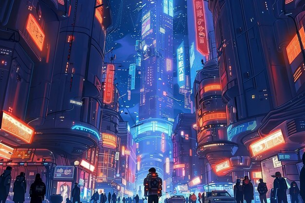 Une rue de la ville cyberpunk la nuit avec des néons et une esthétique futuriste