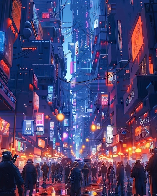 Une rue de la ville cyberpunk la nuit avec des néons et une esthétique futuriste