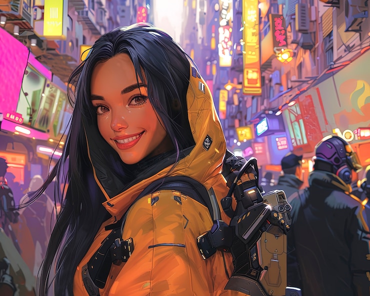 Photo gratuit une rue de la ville cyberpunk la nuit avec des néons et une esthétique futuriste