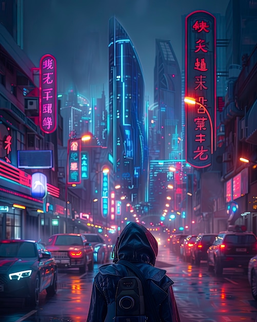 Photo gratuite une rue de la ville cyberpunk la nuit avec des néons et une esthétique futuriste