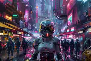 Photo gratuite une rue de la ville cyberpunk la nuit avec des néons et une esthétique futuriste