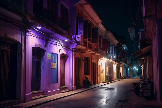 Rue de la ville avec maison traditionnelle et veilleuses violettes brillantes ai générative