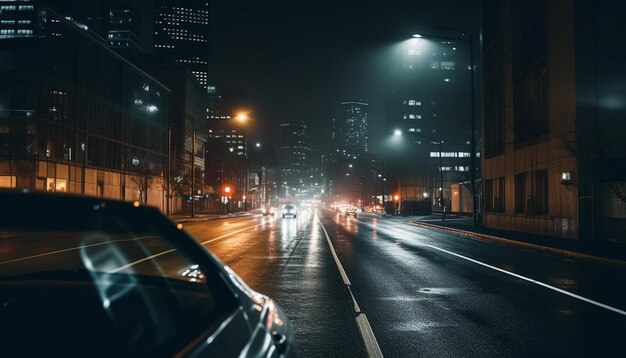 Rues de la ville pluvieuse la nuit, mouvement flou généré par l'IA