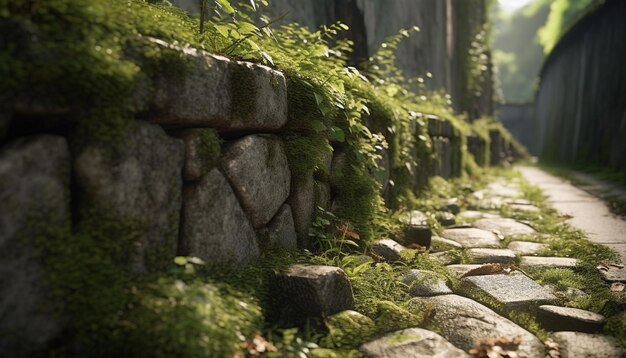 Ruines de pierre antiques entourées d'une forêt verte, une scène extérieure tranquille générée par l'intelligence artificielle