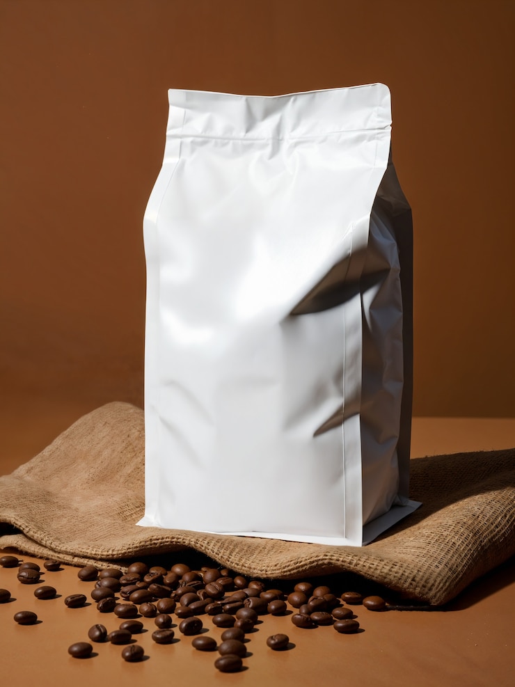 Photo gratuit sac à café blanc avec des grains de café