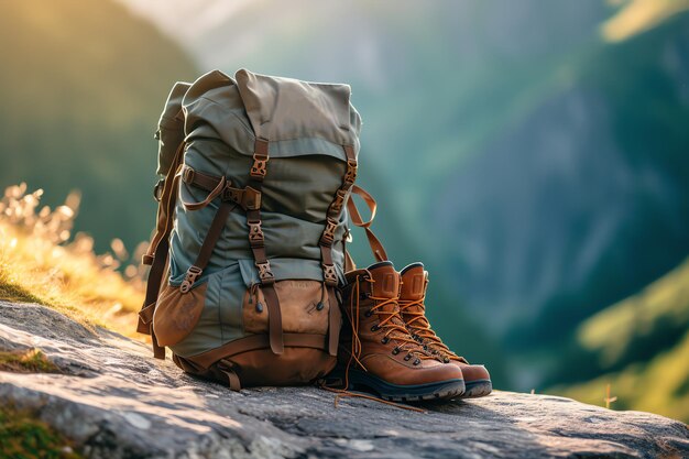 sac à dos et chaussures de randonnée symbole de randonneur image générée par l'IA