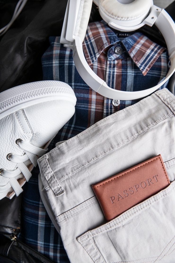 Photo gratuit sac de voyage avec baskets et portefeuille en pantalon