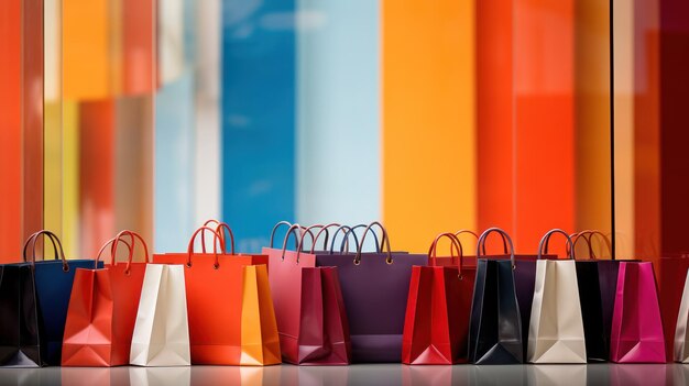 Des sacs d'achat lumineux éclatent contre un centre commercial décentré