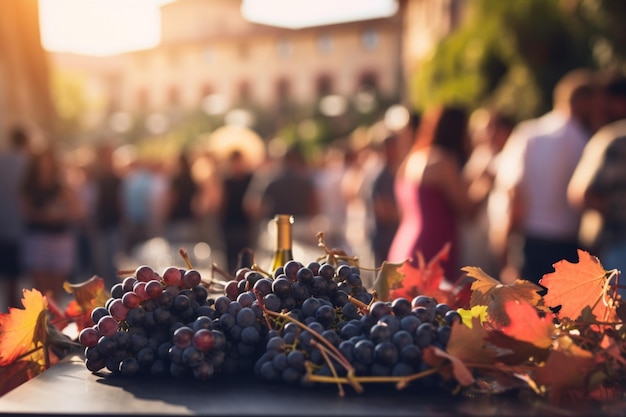 Photo gratuite saison de récolte des raisins vendue lors d'un festival sur une surface en bois