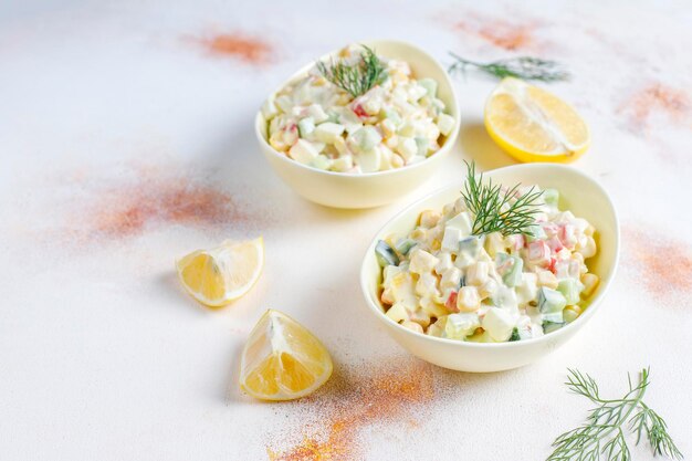 Salade de bâtonnets de crabe, œufs, maïs et concombre.