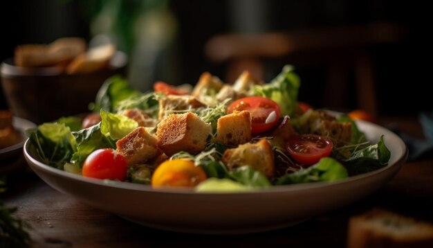 Salade César gastronomique fraîche sur une assiette en bois générée par l'IA