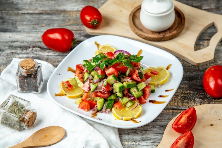 Photo gratuit salade choban concombre tomate oignon verts vue latérale