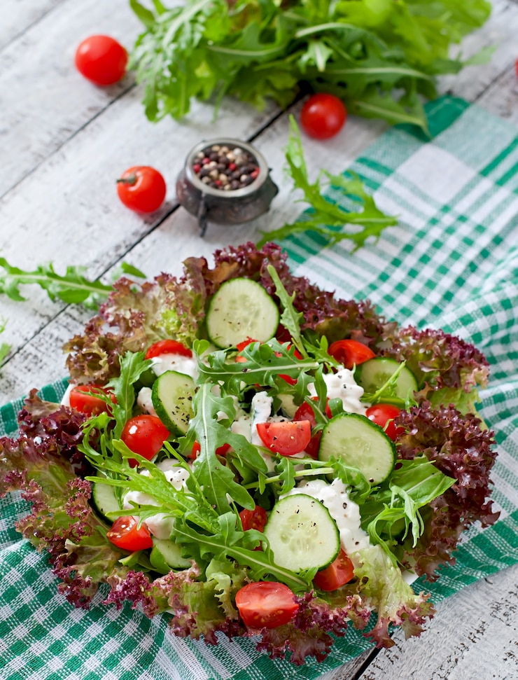 Photo gratuit salade diététique utile avec du fromage cottage, des herbes et des légumes