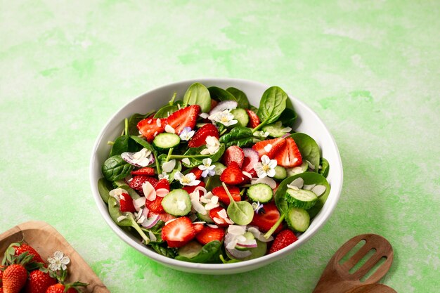 Photo gratuite salade d'épinards de fraises sur un fond vert