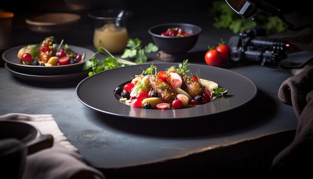 Photo gratuite salade fraîche aux légumes bio et olives noires générées par ia