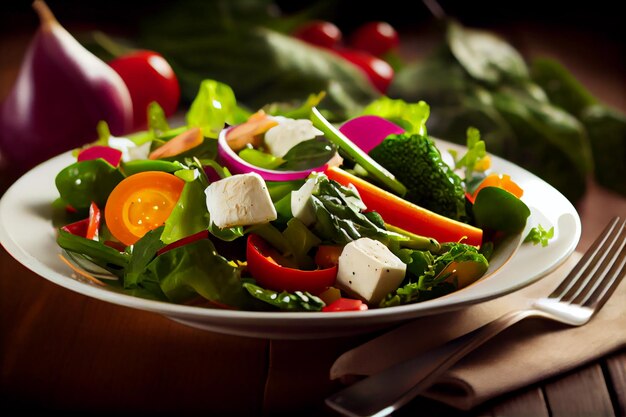 Salade fraîche et saine sur une table en bois AI générative