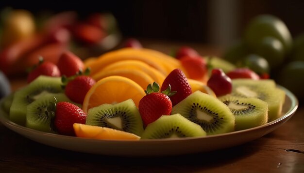 Photo gratuite salade de fruits frais aux baies mûres et kiwi généré par l'ia