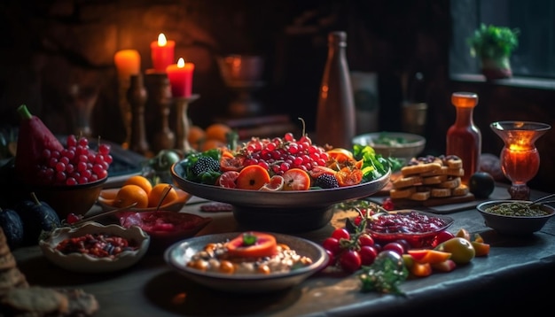 Salade de fruits frais sur une table en bois rustique générée par l'IA