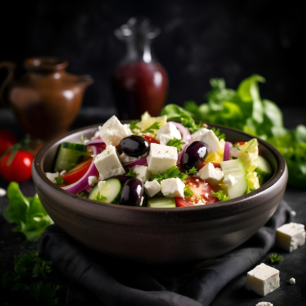 Photo gratuite salade grecque avec fromage feta, olives et légumes frais sur fond noir