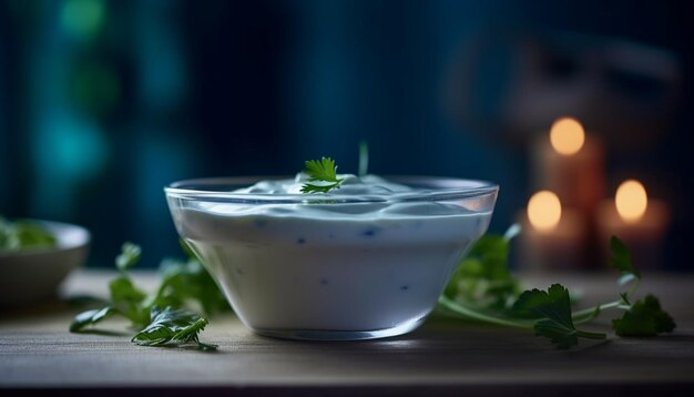 Salade de légumes au yaourt bio frais avec feuille de menthe générée par l'IA