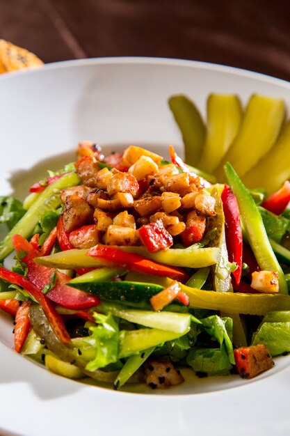 Salade de légumes vue de face avec concombres salés