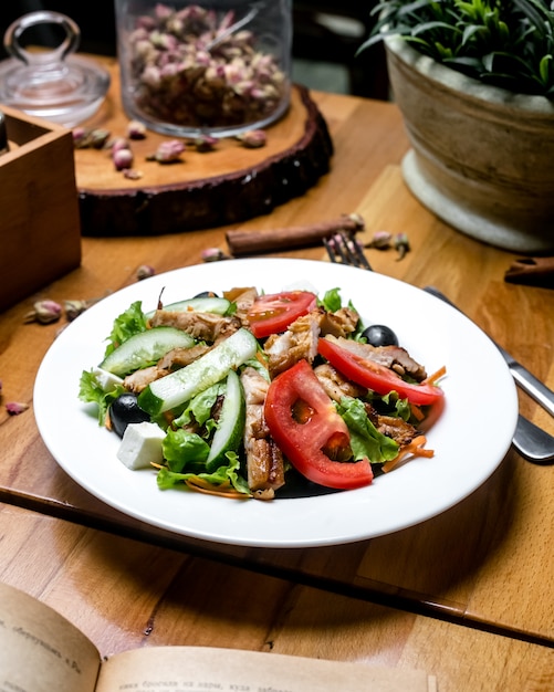 Salade de poulet tomate concombre fromage laitue olive vue latérale