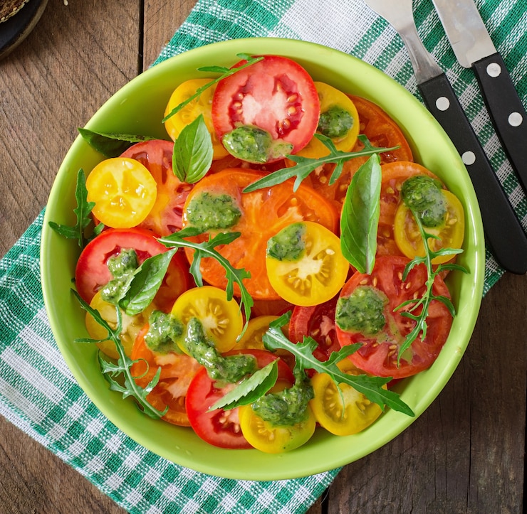 Photo gratuit salade de tomates d'été au basilic, pesto et roquette