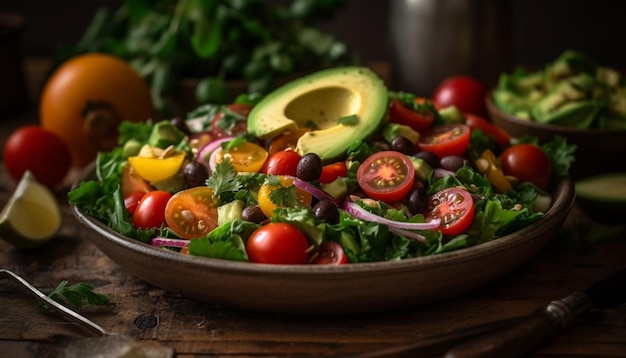 Saladier frais avec légumes et herbes biologiques générés par IA