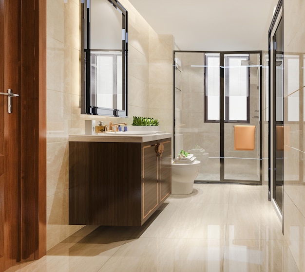 Salle de bain moderne en bois et pierre blanche rendu 3d