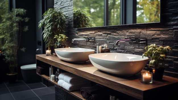 Photo gratuite une salle de bain moderne avec des miroirs élégants et des éviers blancs propres