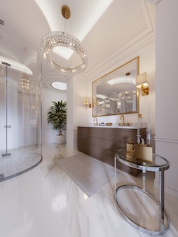 Salle de bain moderne avec vanité et miroir dans un cadre doré avec des appliques murales, une table basse avec décor, une douche et une baignoire à la mode. rendu 3d.