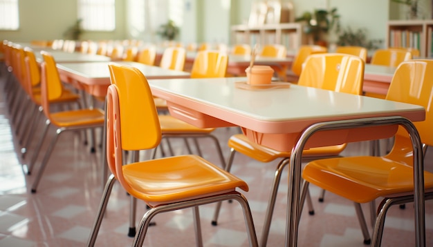 Photo gratuite salle de classe vide avec chaises jaunes et bureaux en bois modernes générés par l'intelligence artificielle