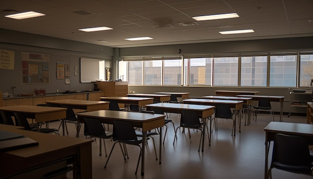 Salle de classe vide avec chaises et tables modernes générées par l'IA