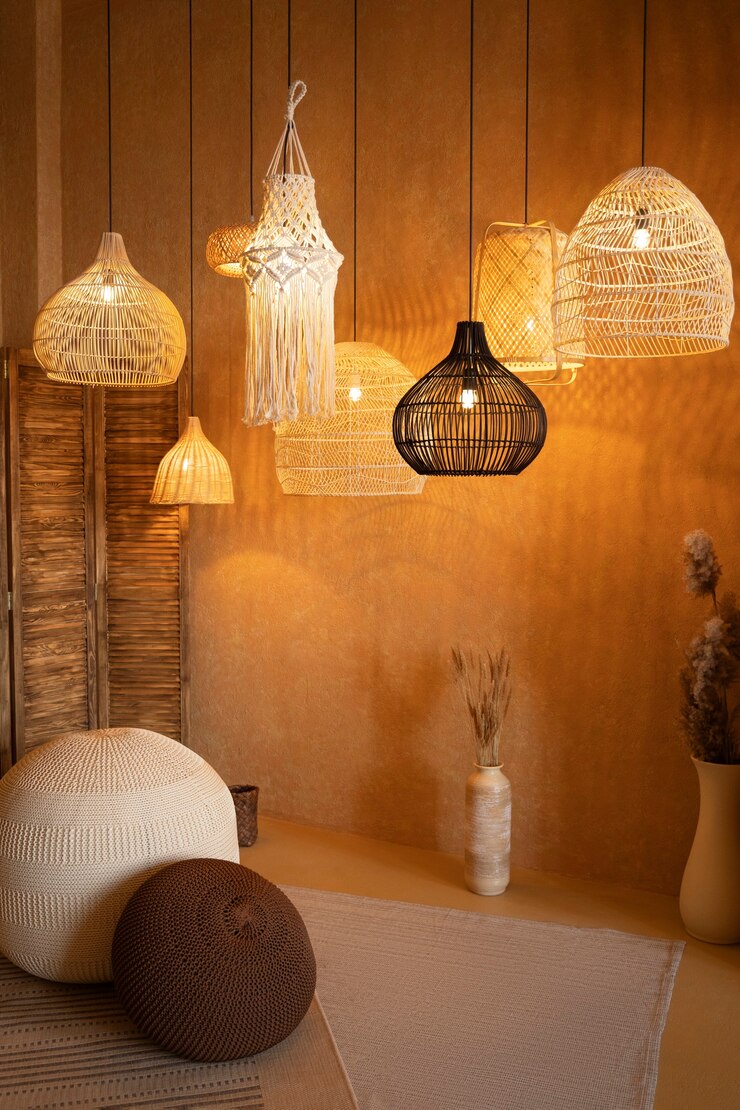 Salon avec beaucoup de lampes
