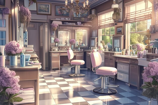 Salon de beauté avec équipement de cosmétique dans le style anime